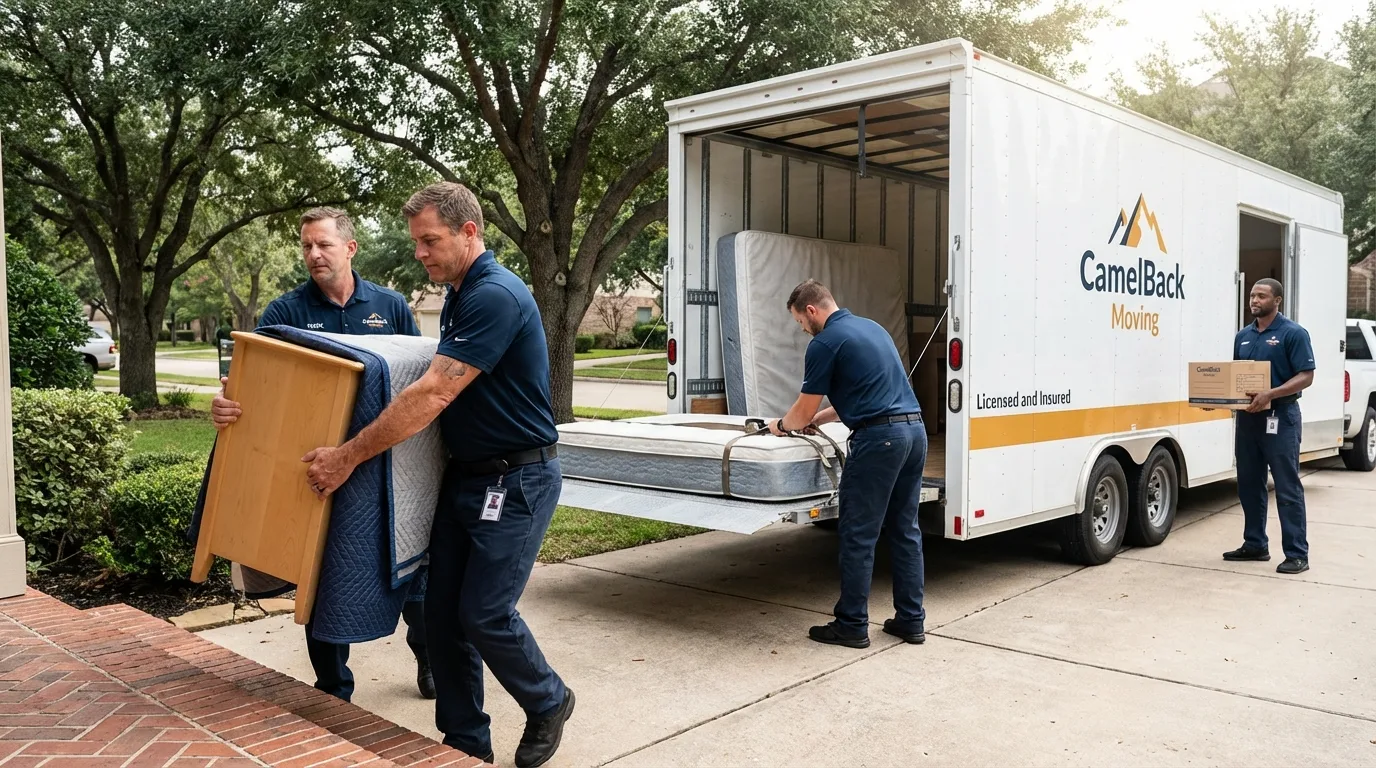 Crew loading residential truck for cross-state move from Amarillo, TX