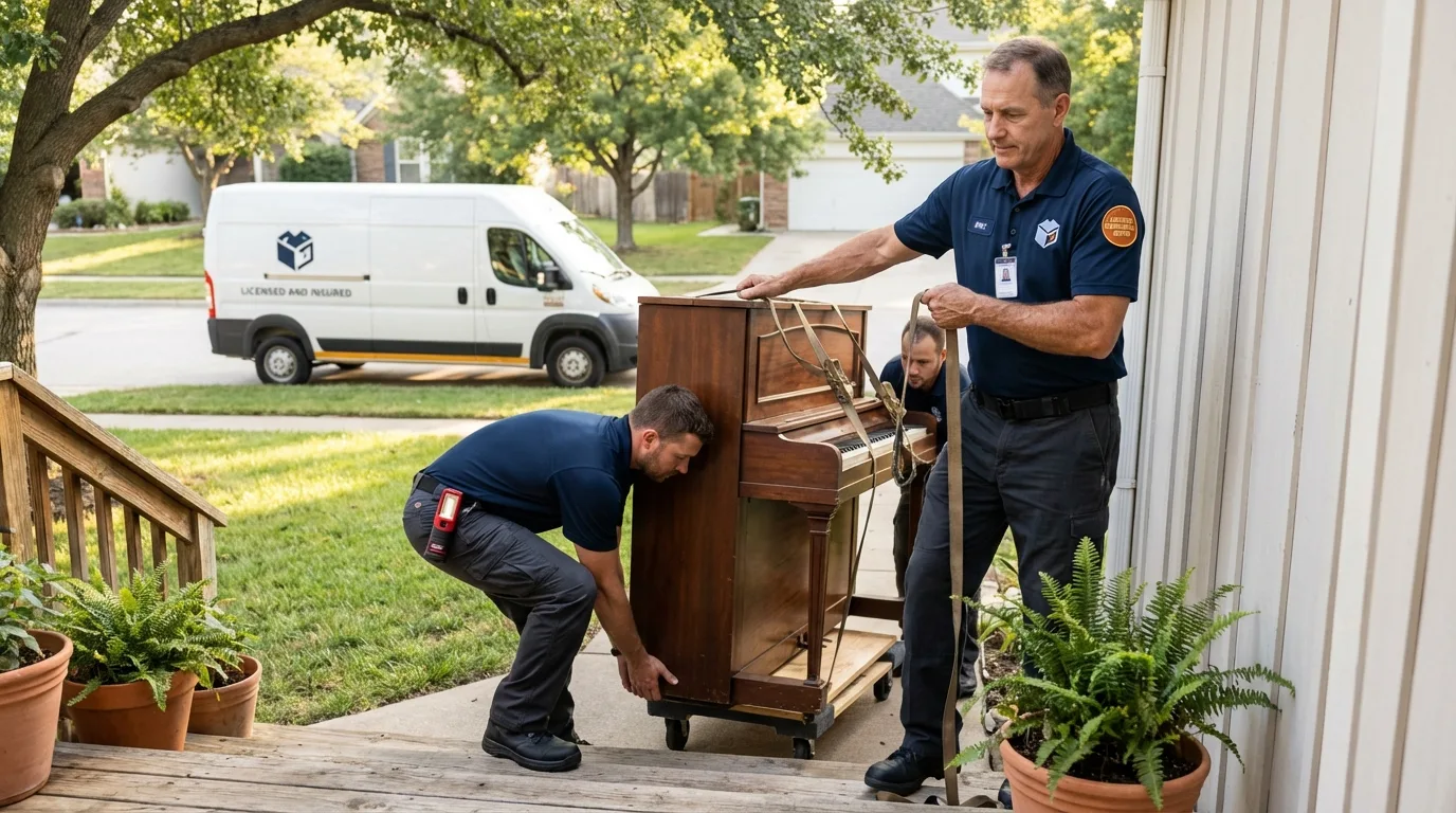Licensed piano movers securing grand piano in Amarillo, TX