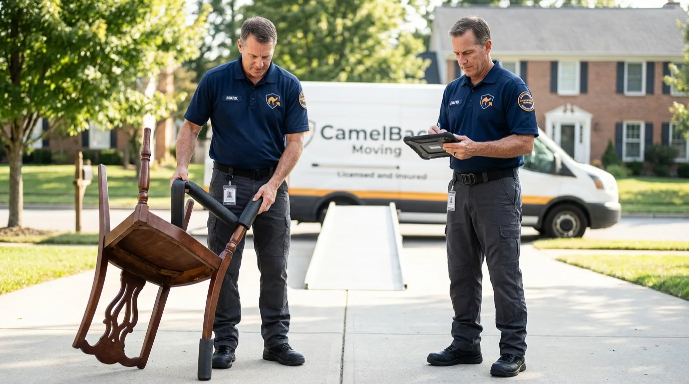 Movers inspecting furniture for damage prevention before loading in Amarillo, TX