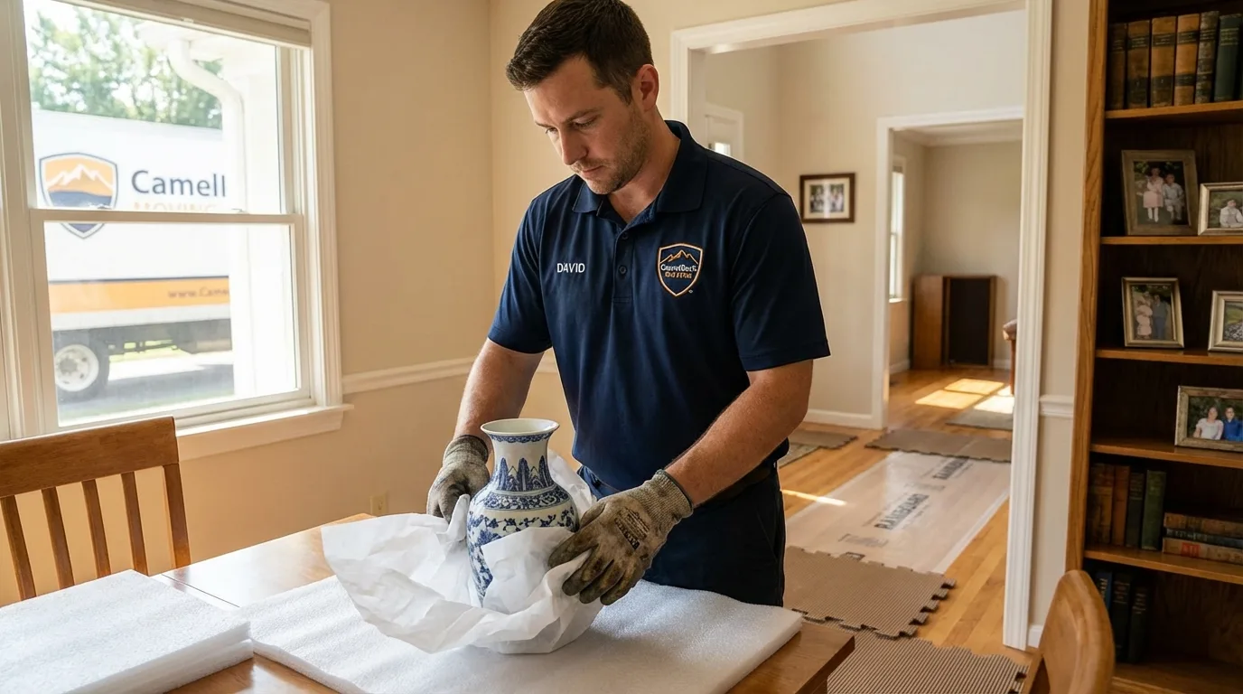 Professional crew carefully wrapping antique vase for senior downsizing move in Amarillo, TX